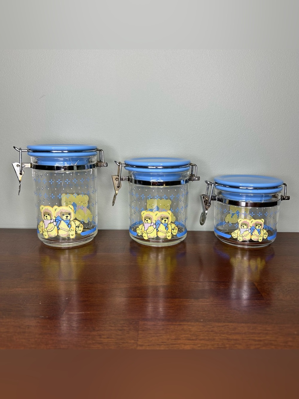 Vintage Teddy Bear Plastic Canister Set Blue Cottagecore Country Grandma Decor